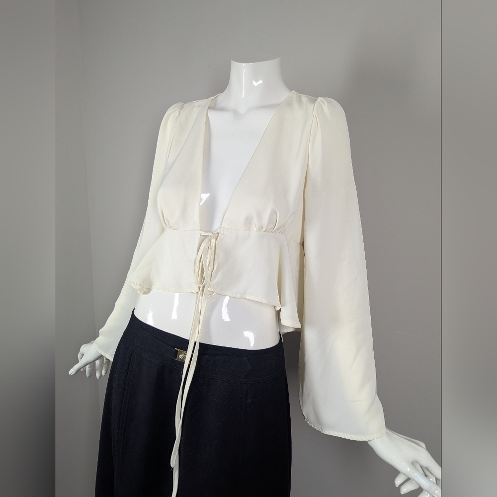Shein Ivory Tie-Front Blouse | Romantic Peplum | Sheer Long Sleeve | Xs